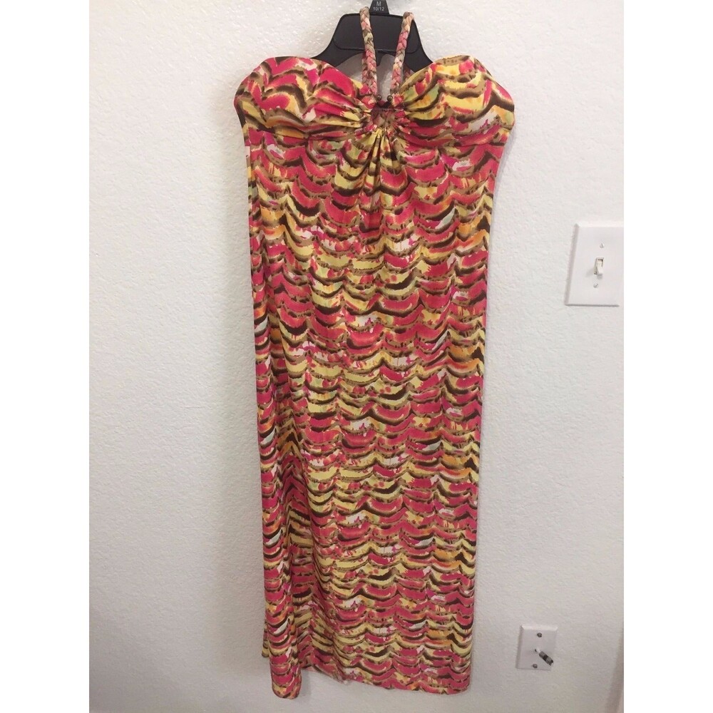 Wave Print Strapless Halter Beach Vacation Padded Maxi Dress S M 4 6 8 Stretchy
